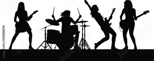 Silhouette of a rock band performing on stage with guitars and drums Keywords: rock band, music, performance, silhouette, stage