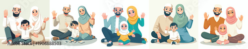 vector of muslim family sitting together on the floor waving hands