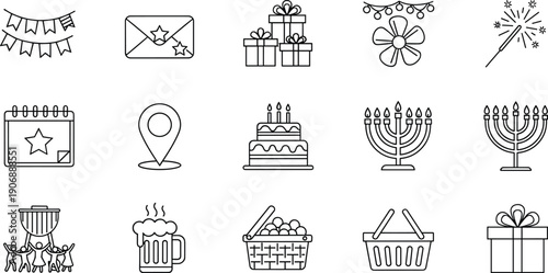 Celebration and Event Icon Set Featuring Party Balloons, Champagne, Cinema, Music, Fireworks, Magic, Gifts, Carnival Masks, and Festive Holiday Symbols.
