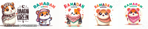 cute hamster character vector dressed in Muslim costume with word "Ramadan Kareem"