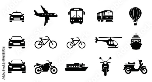 Collection of various transportation vehicle icons in silhouette.