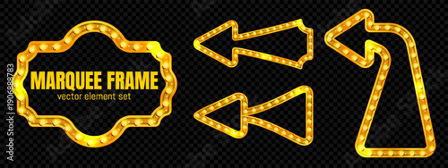 Casino light frame. Gold marquee circus arrow sign on retro bulb box. 3d neon film carnival label. Glowing led celebration billboard template. Blank festival disco design. Shiny quiz border vector.