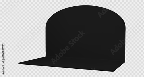 Booth stand with round 3d corner and mockup wall for tradeshow exhibition. Empty square kiosk with black backdrop interior and showroom display space. Vector render trade room isolated perspective