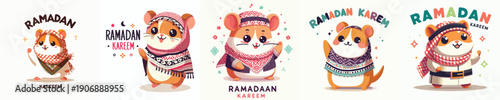 cute hamster character vector dressed in Muslim costume with word "Ramadan Kareem"