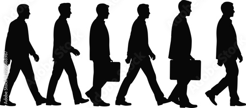 Silhouettes of businessmen walking in a line carrying briefcases on white background businessman group