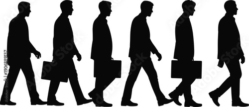 Silhouettes of businessmen walking in a line with briefcases on white background vector illustration