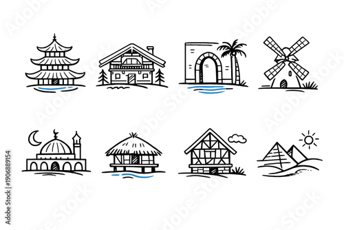 Collection of diverse architectural styles and iconic buildings from around the world