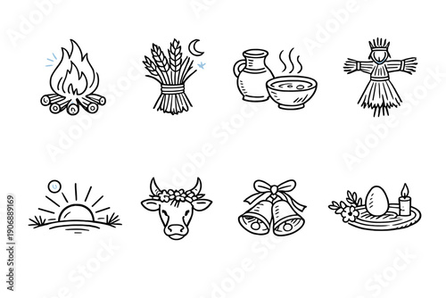 Collection of folk art icons representing harvest, celebration, and rural life