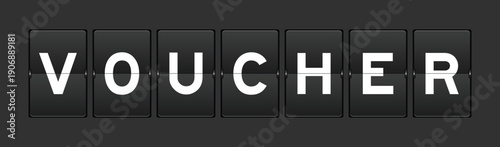 Black color analog flip board with word voucher on gray background