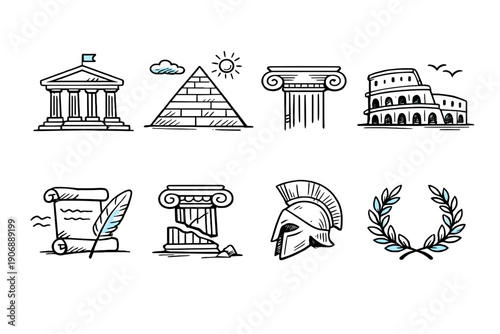 Collection of ancient civilization icons: history, architecture, and culture symbols