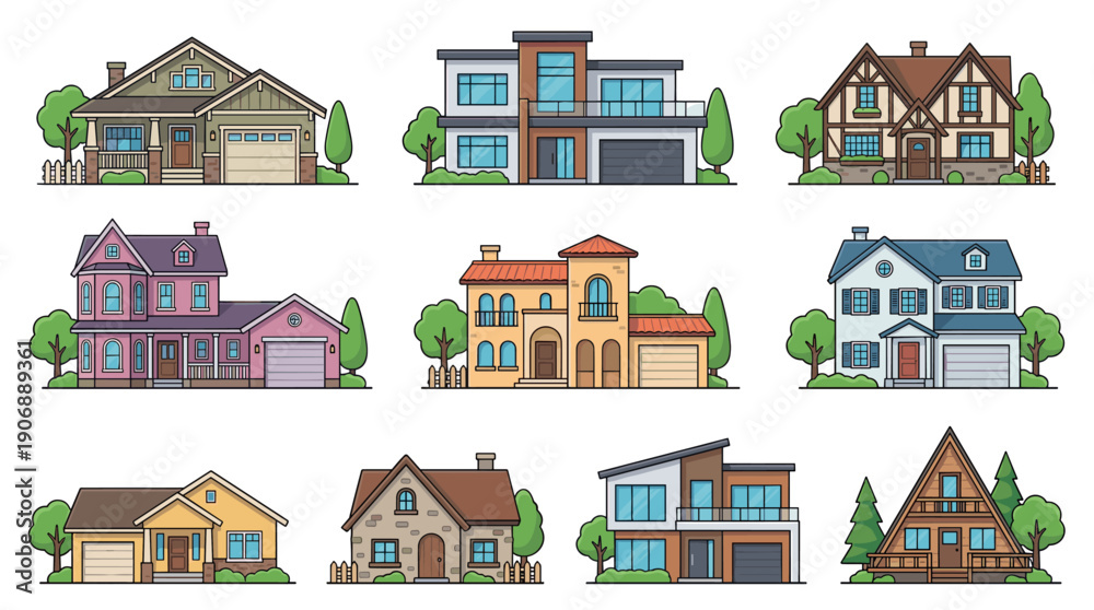 Obraz premium Diverse collection of nine cartoon houses in various architectural styles, showcasing different residential building facades with simple landscaping