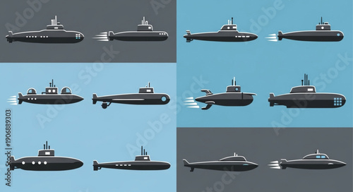 Collection of various submarine illustrations in different styles.