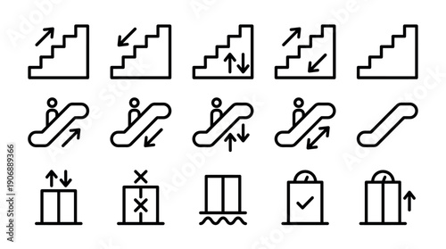 Comprehensive set of black outline icons depicting various stairs, escalators, and elevators with directional arrows and status indicators, presented in a minimalist line art style