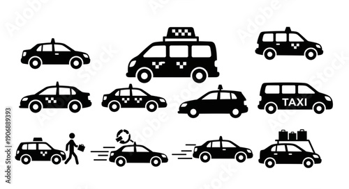 Collection of various taxi car icons and symbols.