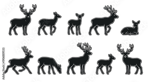 Collection of black deer silhouettes with white outlines showcasing various poses of stags, does, and fawns in a clean graphic style
