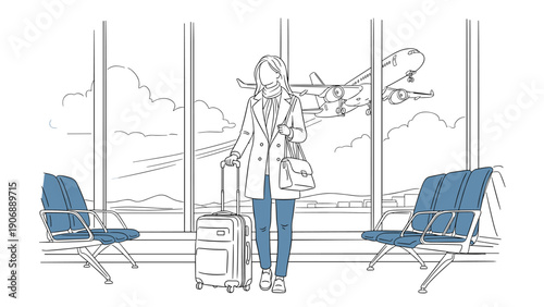 Traveler with luggage in airport waiting area linear art with airplane taking off