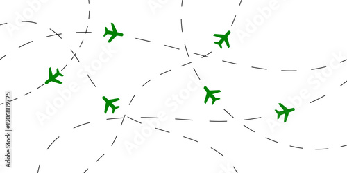 Abstract network of black airplane routes against a clean white background, representing transportation and global connections.