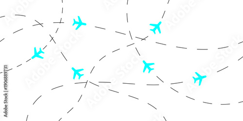 Abstract network of yellow airplane routes against a clean white background, representing global connectivity and air travel.