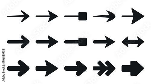 Collection of fifteen black arrow icons pointing right in various simple, modern, and bold styles for user interface navigation and directional guidance