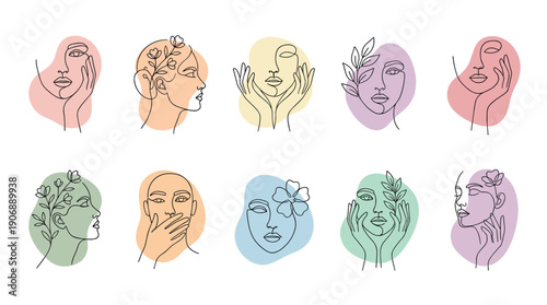 Beautiful collection of minimalist one-line art portraits of women with flowers and hands on abstract pastel color shapes, showcasing an elegant and modern aesthetic for beauty concepts