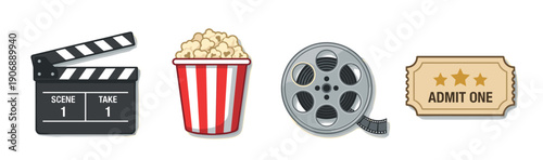 Collection of four cinema entertainment icons featuring a director's clapperboard, a striped popcorn box, a film reel, and a vintage admit one ticket in a cartoon style