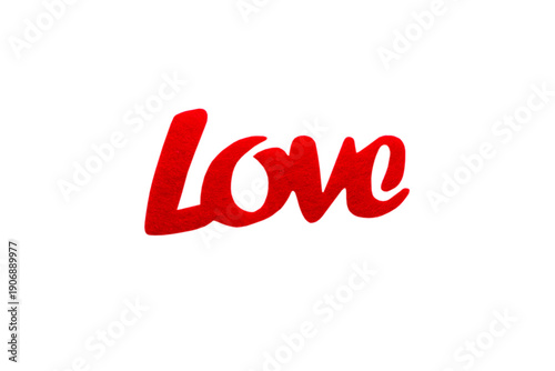 Red felt word Love in bold cursive font on clean white background.