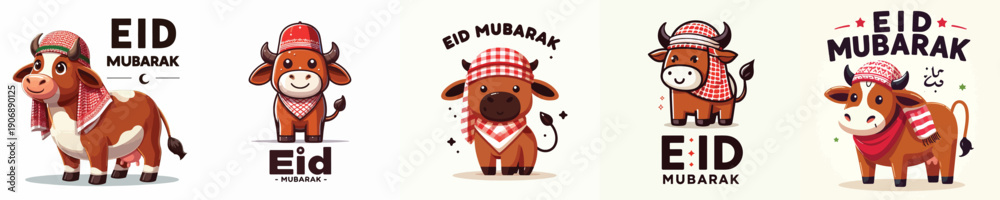 Fototapeta premium cute cow character vector dressed in Muslim costume with word