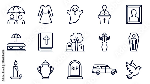 Collection of funeral and mourning icons in a minimalist line art style showing various symbols of death, grief, and remembrance like a casket, urn, hearse, and gravestone