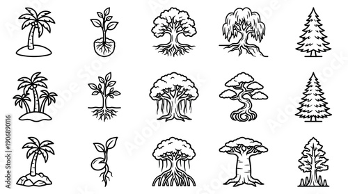 Diverse collection of tree icons in a bold black and white line art style, featuring various species like palm, pine, bonsai, willow, banyan, and seedlings with roots