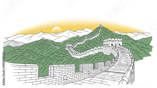 Great wall of china at sunset with mountain view in linear style