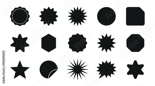 Collection of fifteen black geometric shapes for stickers, labels, and badges, featuring starbursts, circles, and polygons in a minimalist graphic design for promotion