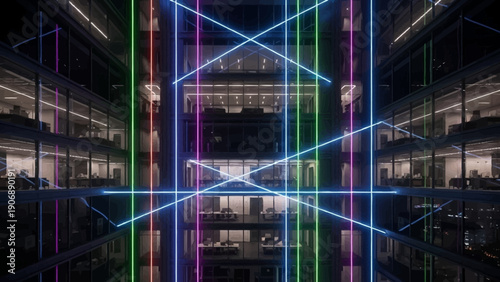Neon Light Beams in Modern Building.