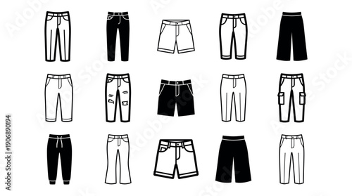 Diverse collection of black pants icons showcases various clothing styles like jeans, shorts, joggers, and trousers in a clean minimalist graphic design for apparel concepts