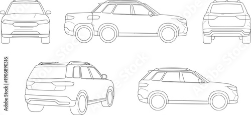 Black and white SUV line drawings showcasing front, rear, side, and angled perspectives for automotive design, technical illustration, and modeling reference