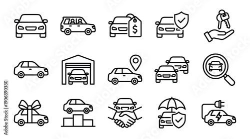 Set of black line icons representing car dealership services like sales, rental, insurance, and electric vehicle charging, presented in a clean minimalist vector style for business concepts