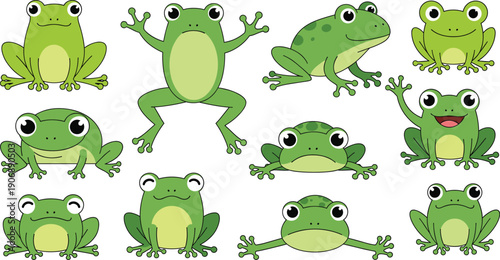 Cute Frog Cartoon Character Illustration Set with Funny Expressions, Multiple Poses, Green Amphibian Wildlife, Kids Education, and Playful Nature Design Elements