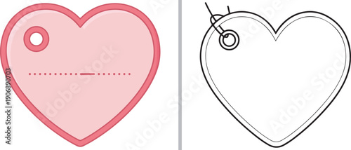 A pair of heart-shaped gift tags in vector style, featuring a soft pink filled version with a dotted line and a clean black-and-white outline version with a hanging string.