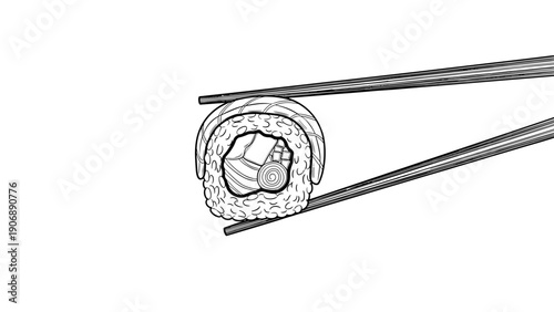 Sushi roll held by chopsticks in detailed linear art style