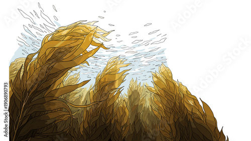 Underwater kelp forest scene with sunlit seaweed flowing in ocean currents