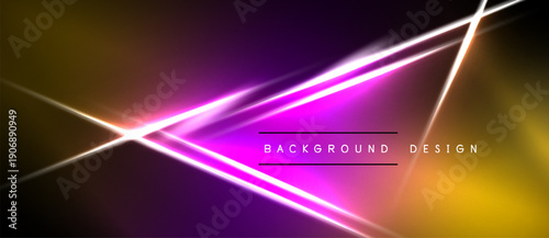 Vibrant abstract background features diagonal neon lines. Purple, orange, yellow hues blend into dark space. Modern design element.