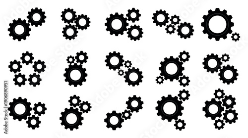 Collection of black gear and cogwheel icons arranged in various clusters, representing mechanical systems, industrial processes, teamwork, and engineering concepts in a flat vector style