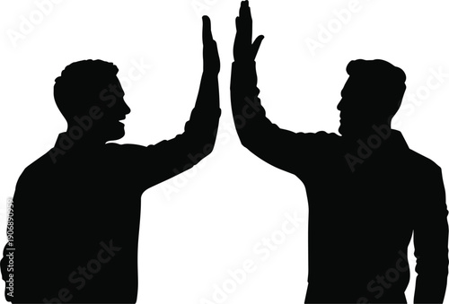 Two men silhouetted giving a high five on a white background Keywords: high five, success, celebration, agreement, teamwork