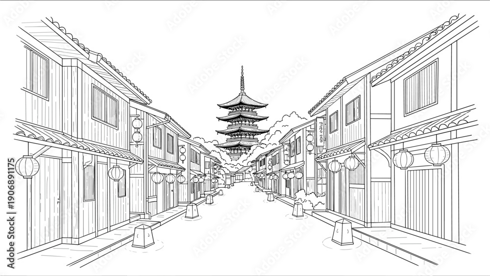 Fototapeta premium Traditional japanese street scene with pagoda in linear art style