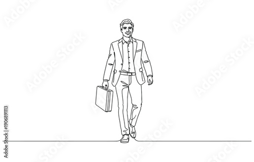 Wallpaper Mural Continuous one line drawing of young happy male worker jumping high while holding briefcase. Torontodigital.ca