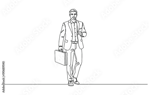 Wallpaper Mural Continuous one line drawing of young happy male worker jumping high while holding briefcase. Torontodigital.ca