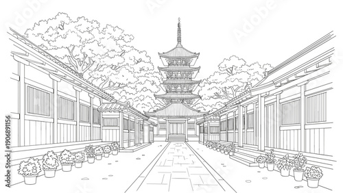 Traditional japanese pagoda and garden line art in serene monochrome