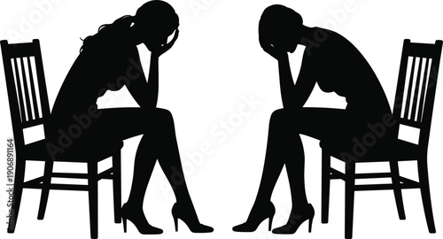 Two women sitting on chairs with heads in hands in silhouette vector illustration