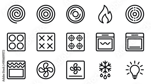 Collection of black line icons representing oven and stove functions, including various heating elements, convection fan, grill, defrost, and light symbols in a minimalist graphic style