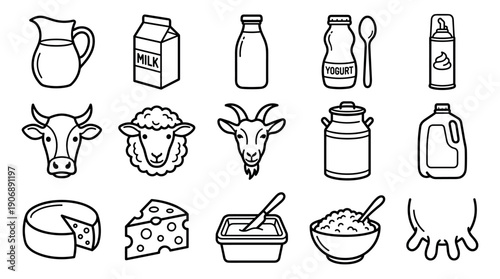 Set of black line art icons representing dairy products and farm animals like milk, cheese, yogurt, a cow, and a sheep, drawn in a simple minimalist outline style