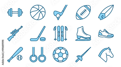 Blue line art sport equipment icons set representing various athletic activities like football, basketball, golf, skiing, and weightlifting